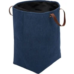 Panière à linge 58L avec anses polyester bleu marine effet velours