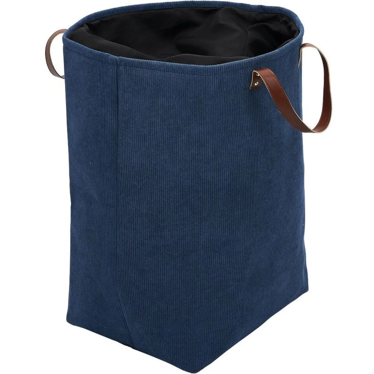 Panière à linge 58L avec anses polyester bleu marine effet velours