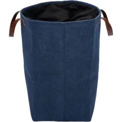 Panière à linge 58L avec anses polyester bleu marine effet velours
