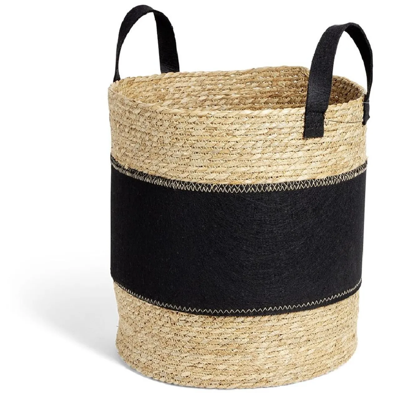 Panière à linge ronde 52L Ø37xH38cm jonc de mer et feutrine noir