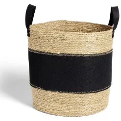 Panière à linge ronde 52L Ø37xH38cm jonc de mer et feutrine noir