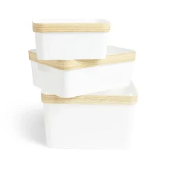 Panière blanche avec rebord imitation bois 26x17,2xH12cm