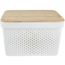 Panière de rangement blanche avec couvercle en bambou