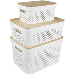 Panière de rangement blanche avec couvercle en bambou
