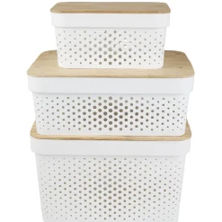 Panière de rangement blanche avec couvercle en bambou