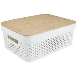 Panière de rangement blanche avec couvercle en bambou