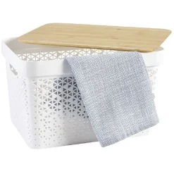 Panière de rangement blanche avec couvercle en bambou grand modèle