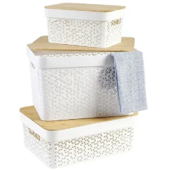 Panière de rangement blanche avec couvercle en bambou petit modèle