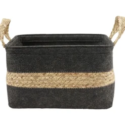 Panière en jonc de mer noir avec bande déco naturel - 32x27xH32 cm