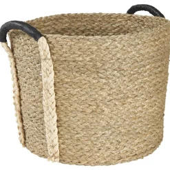 Panière en jonc naturel avec anse effet cuir x3