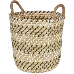 Panière forme seau en jonc de mer naturel blanc noir