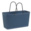 Panière plastique bleu foncé effet tressé anses noires