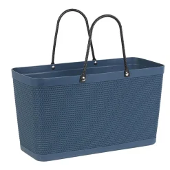 Panière plastique bleu foncé effet tressé anses noires