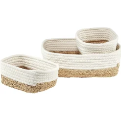 Panière rectangulaire coton et jacinthe blanc et naturel x3