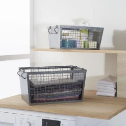 Panière rectangulaire métal ajouré gris H. 15,5 cm