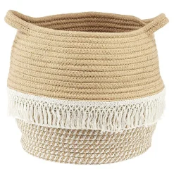 Panière ronde coton tissé naturel décor macramé Ø30xH.26 cm