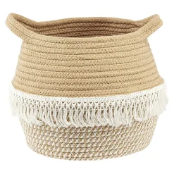Panière ronde coton tissé naturel décor macramé Ø28xH.23 cm