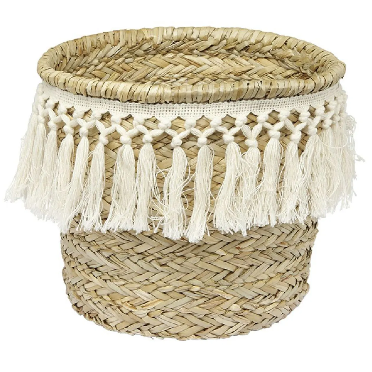 Panière ronde en jonc décor macramé Ø26 cm