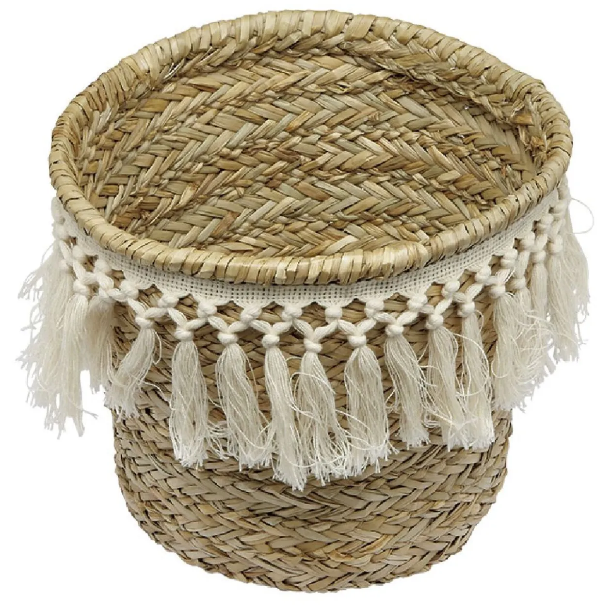 Panière ronde en jonc décor macramé Ø26 cm