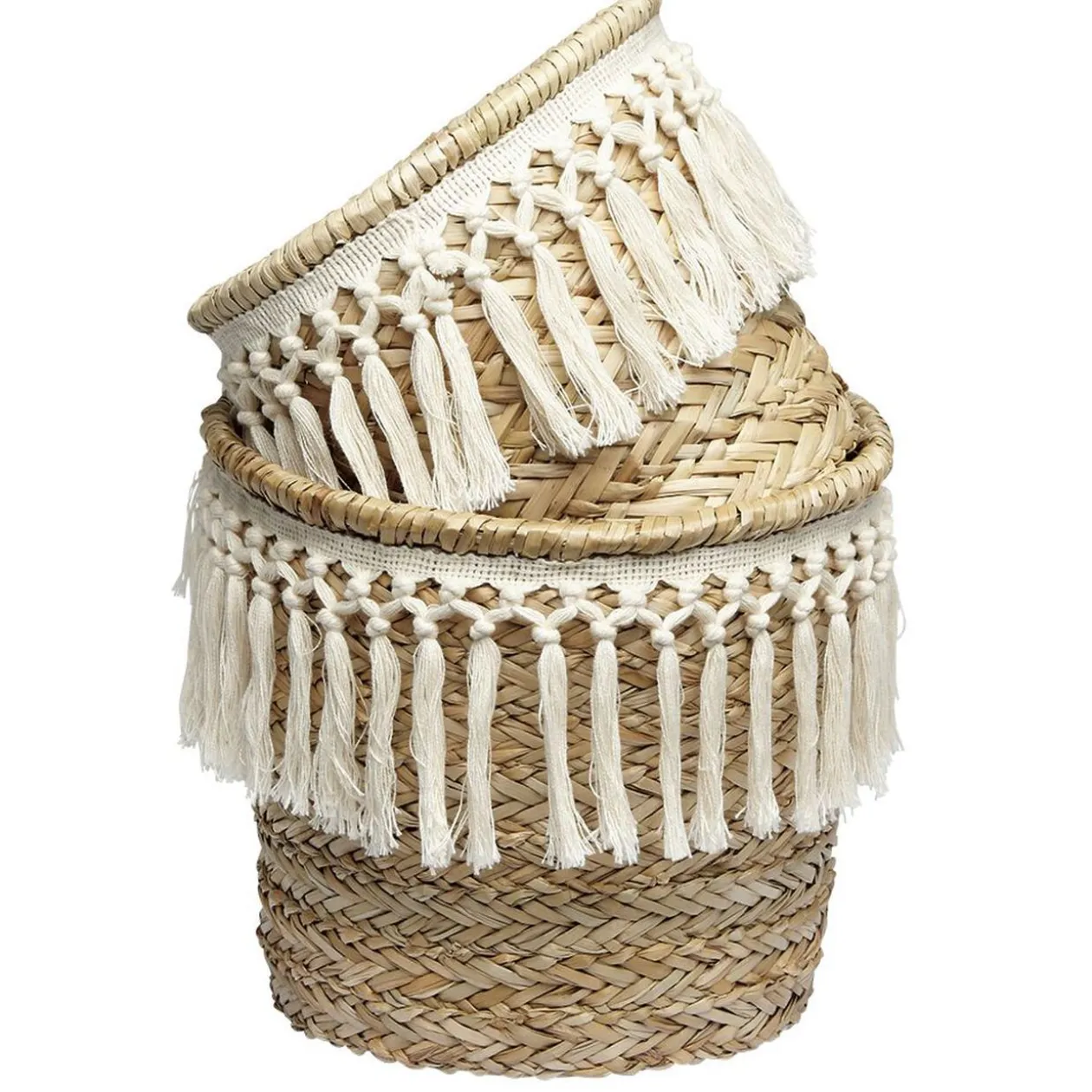 Panière ronde en jonc décor macramé Ø19 cm