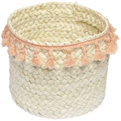 Panière ronde en jonc naturel avec pompons orange Ø19 cm