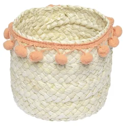 Panière ronde en jonc naturel avec pompons orange Ø16 cm