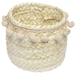 Panière ronde en jonc naturel avec pompons rose Ø16 cm