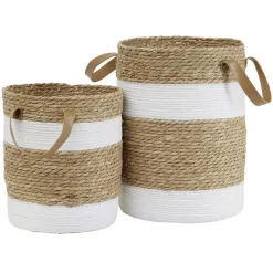 Panière ronde en jute naturel bandes blanches Ø25xH30 cm - LENA