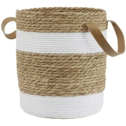 Panière ronde en jute naturel bandes blanches Ø25xH30 cm - LENA