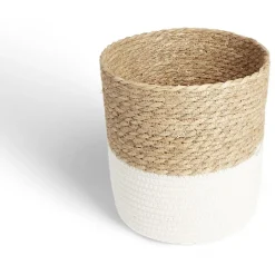 Panière tressée bi-matière coton et jacynthe blanc et naturel Ø24xH24cm