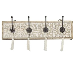 Patère manguier sculpté naturel 4 crochets avec pompons