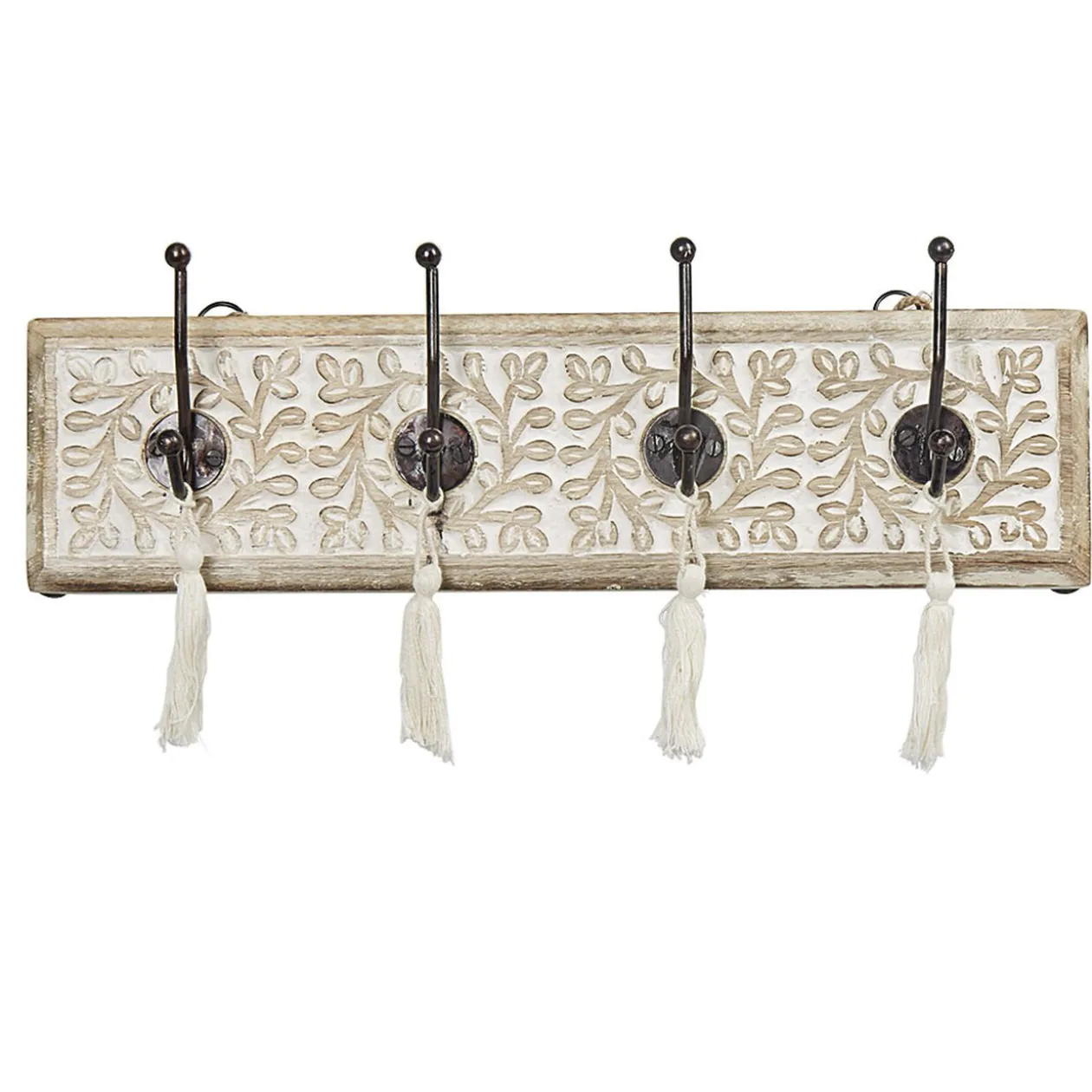 Patère manguier sculpté naturel 4 crochets avec pompons