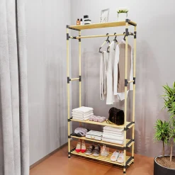 Penderie avec 3 étageres bois beige et plastique noir - 77x28xH164cm