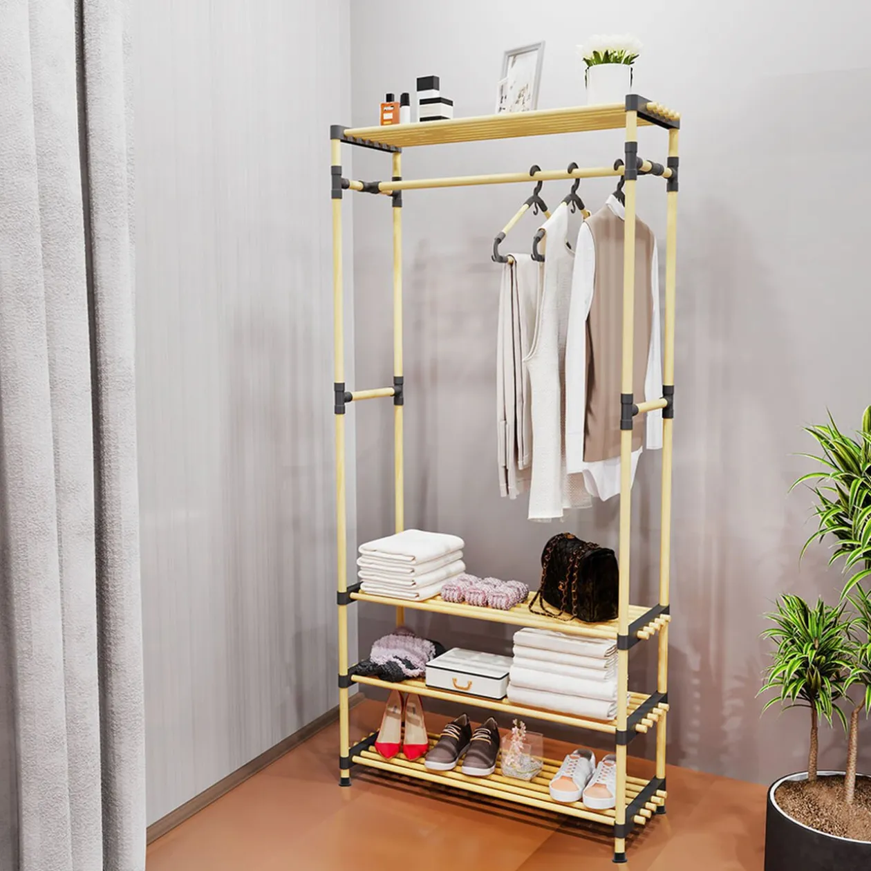 Penderie avec 3 étageres bois beige et plastique noir - 77x28xH164cm