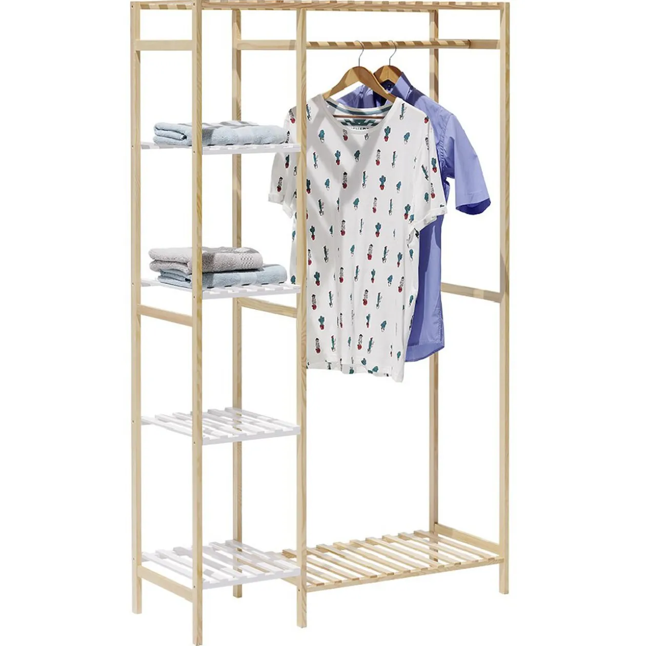 Penderie et étagères en pin couleur bois et blanc