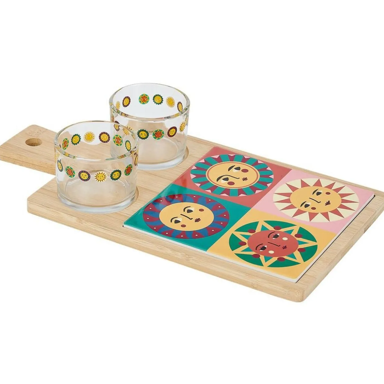 Planche de présentation apéritif bambou avec 2 ramequins 32x17x1cm