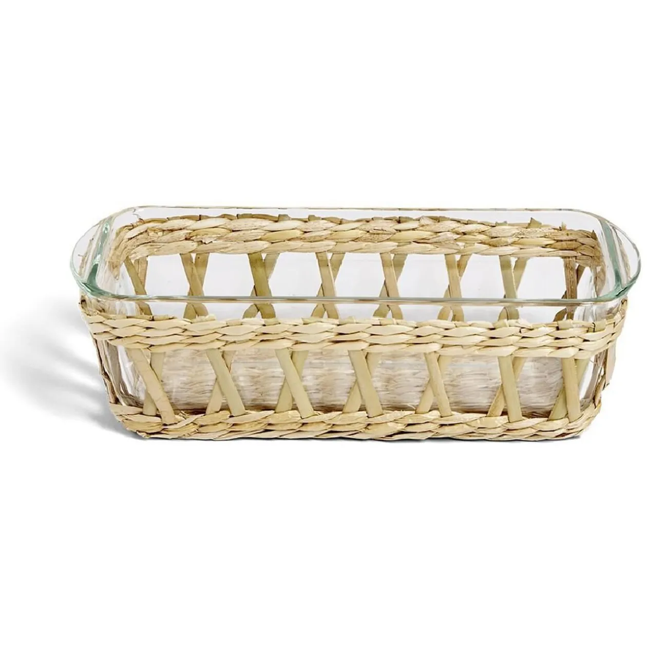 Plat à four en verre transparent et déco raphia beige 28x11,5xH8,5cm