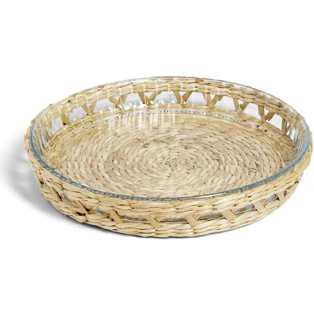Plat à four en verre transparent et déco raphia beige Ø27,5xH4,5cm