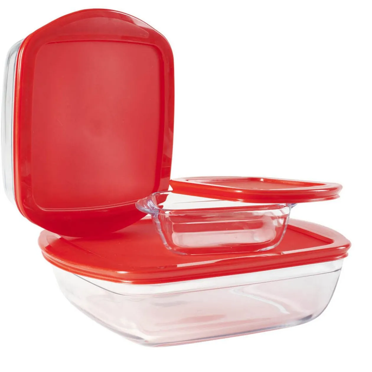Plat en verre transparent Ôcuisine avec couvercle rouge x3