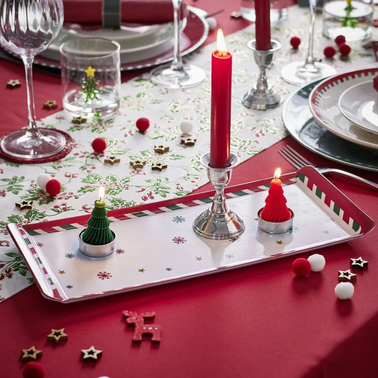 Plateau de service rectangulaire mélaminé Noël traditionnel 18,8x37,4cm