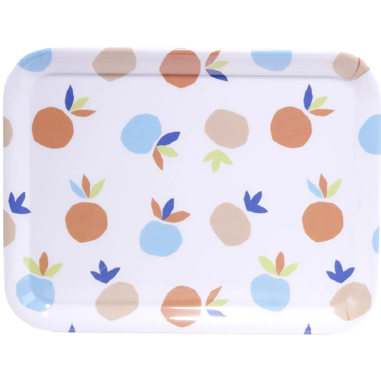 Plateau rectangulaire blanc motif fruit orange bleu plastique 29x22cm
