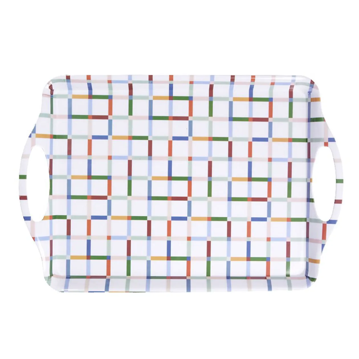 Plateau rectangulaire blanc motifs carreaux multicolores 34x50,5cm