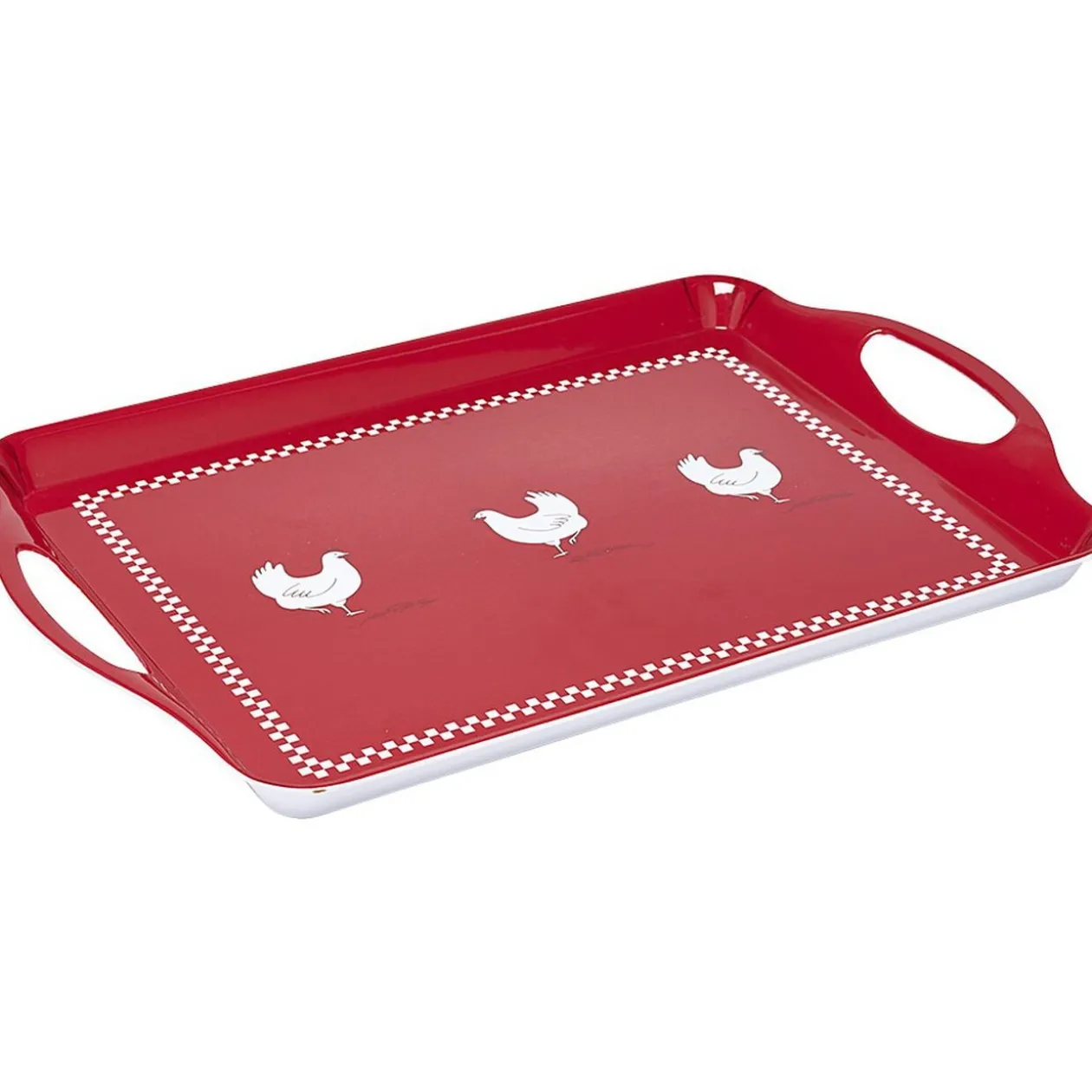Plateau rectangulaire design poule mélaminé rouge et blanc