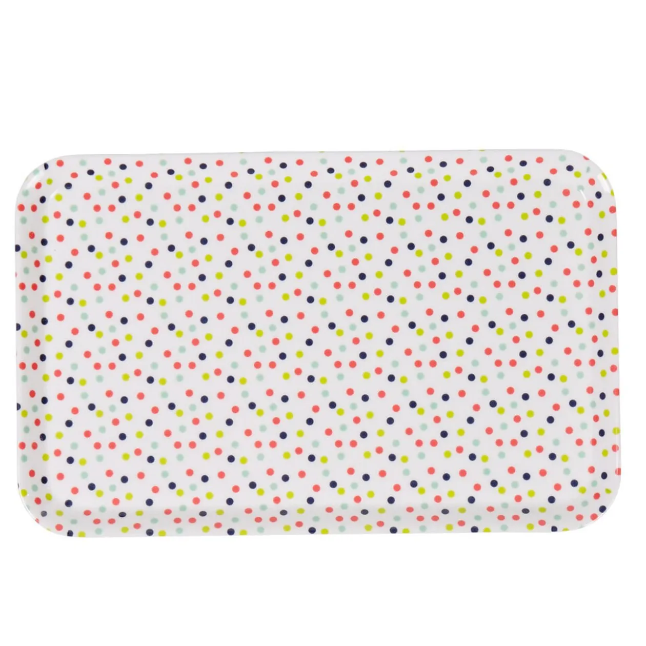 Plateau rectangulaire mélamine blanc motif pois multicolores