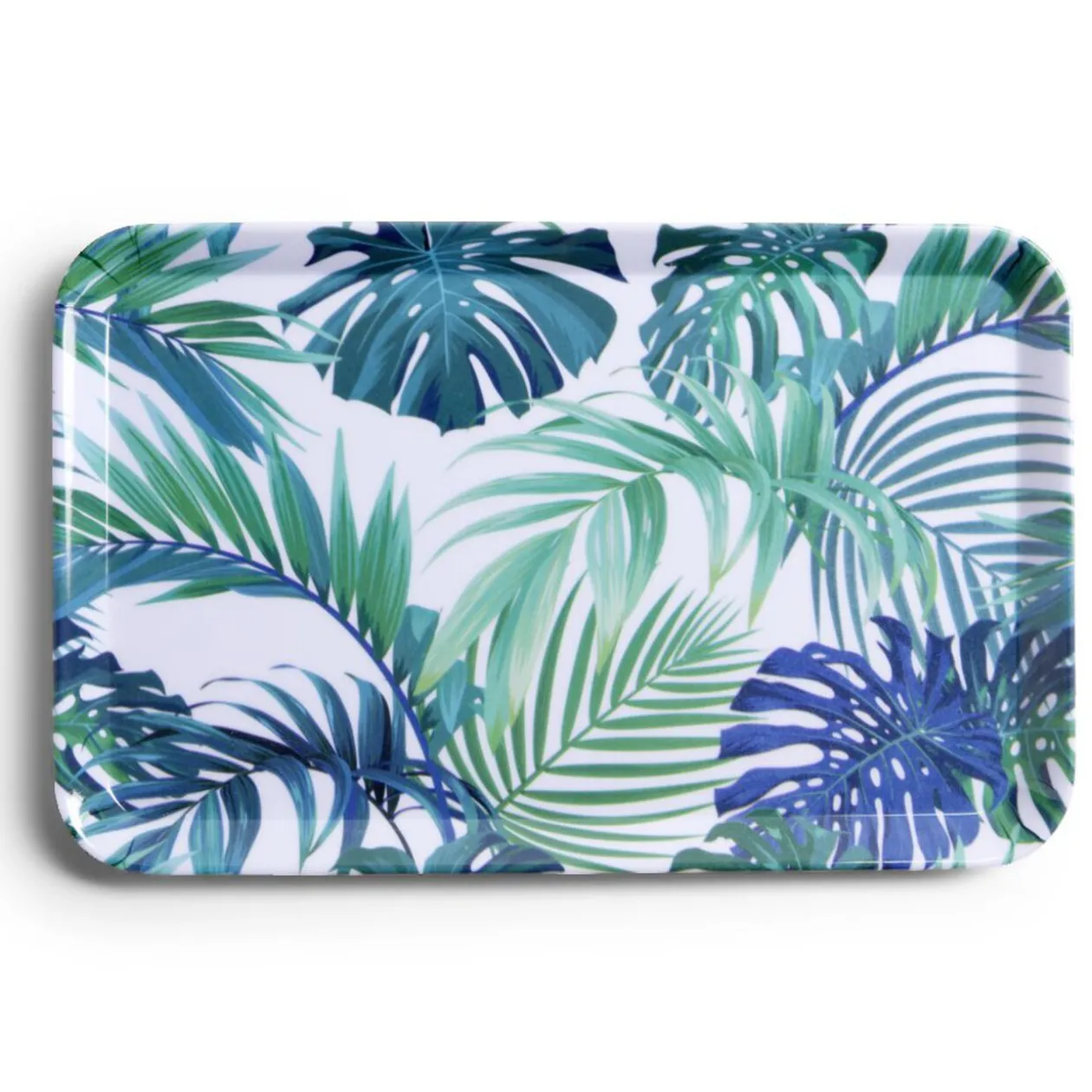 Plateau rectangulaire mélaminé feuillage exotique blanc et bleu 19x30cm