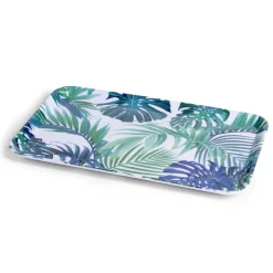 Plateau rectangulaire mélaminé feuillage exotique blanc et bleu 19x30cm