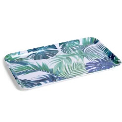 Plateau rectangulaire mélaminé feuillage exotique blanc et bleu 19x30cm