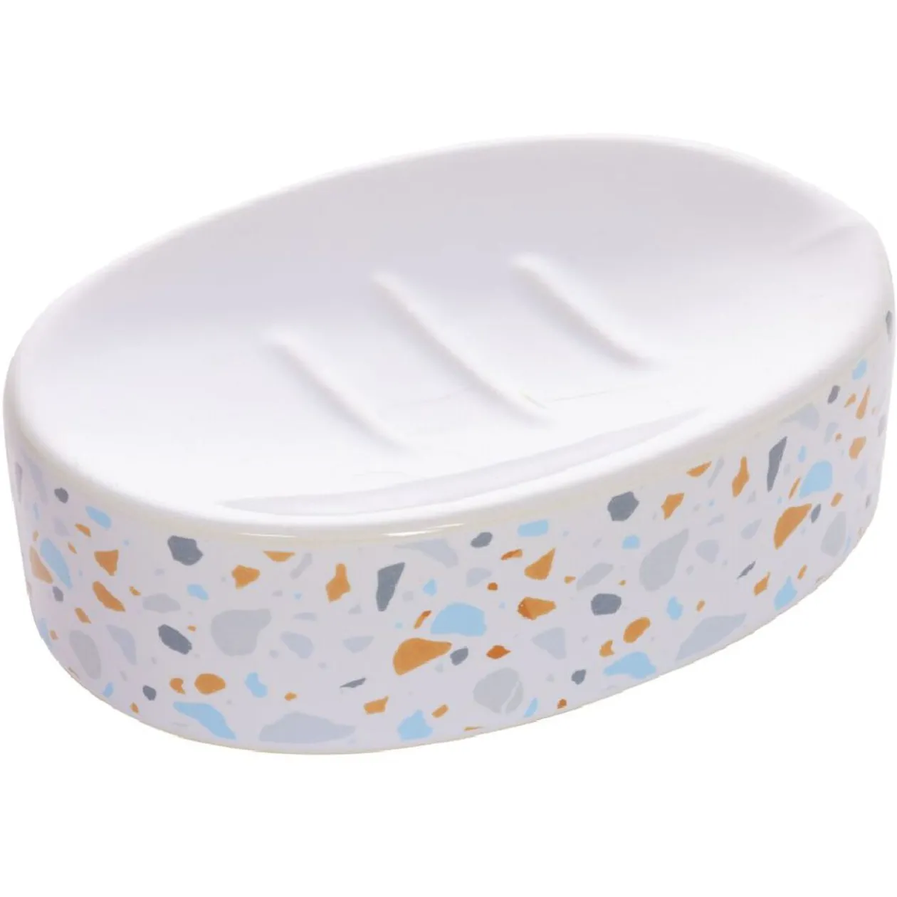 Porte-savon céramique motif terrazzo blanc et bleu 13x8,5xH3cm