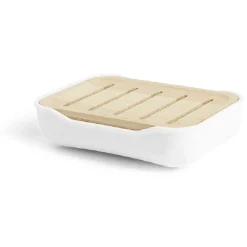 Porte-savon salle de bain bambou et plastique blanc