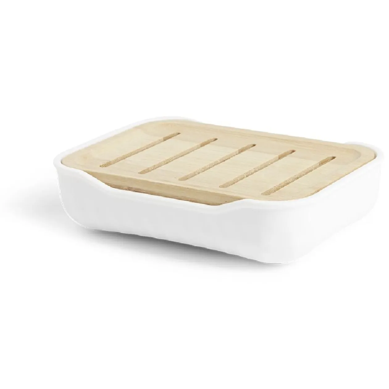 Porte-savon salle de bain bambou et plastique blanc